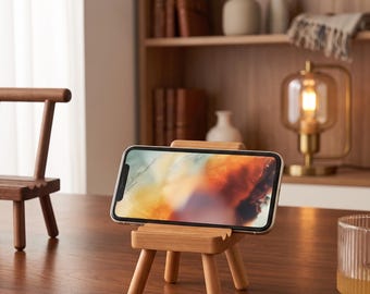 Handgefertigter Handyhalter aus Holz – Mini-Stuhl-Handyhalter – Schreibtisch-Handyhalter – iPhone-Halterung – Deko fürs Homeoffice – Geschenkidee