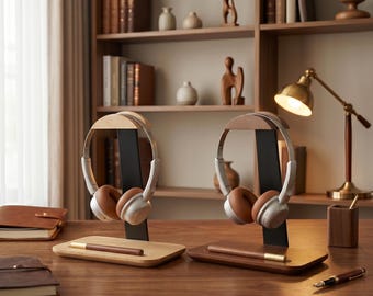 Handgefertigter Kopfhörerständer aus Holz – Headset-Halterung aus Walnussholz – Schreibtisch-Organizer mit Ablage – Gaming-Kopfhörerständer – Geschenk fürs Homeoffice