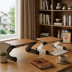May include: Two adjustable laptop stands with wooden surfaces and folding legs, one with a black frame and one with a white frame, positioned on a wooden desk alongside a brown notebook, a pen, a small succulent, and a ceramic mug on a coaster.