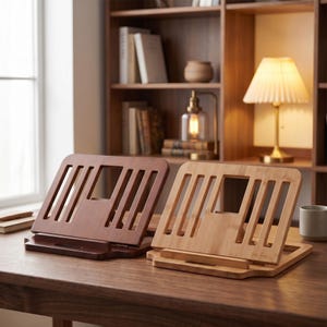 Può includere: Due leggii regolabili in legno, uno con finitura marrone scuro e uno con finitura in bambù naturale chiaro. Ogni supporto presenta una base rettangolare, un pannello posteriore con fessure per il sostegno e un bordo anteriore per i libri.