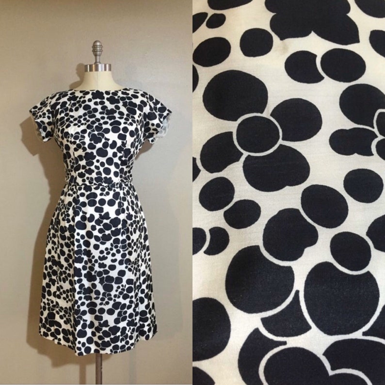 60s Wiggle Dress With Mod Black and White Floral Print - Etsy