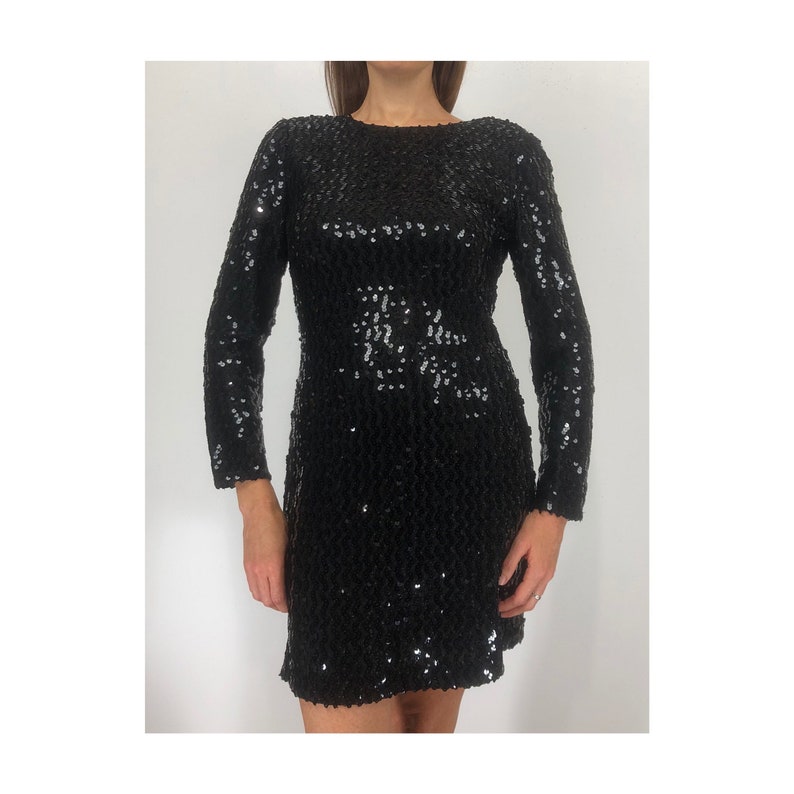 80s Sequined Low Back LBD Little Black Party Dress Long Sleeved image 2