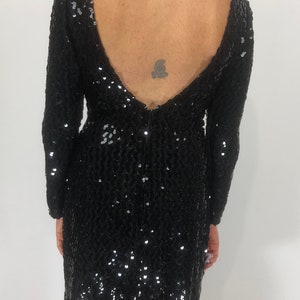 80s Sequined Low Back LBD Little Black Party Dress Long Sleeved image 6