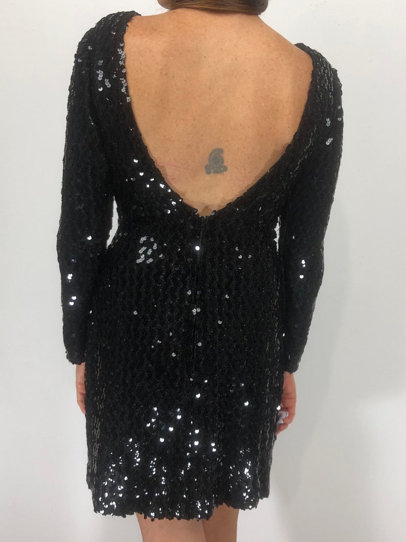 80s Sequined Low Back LBD Little Black Party Dress Long Sleeved image 6