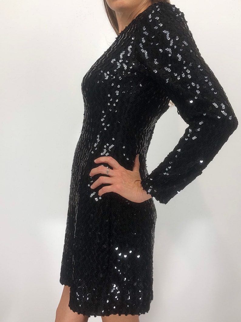 80s Sequined Low Back LBD Little Black Party Dress Long Sleeved image 4