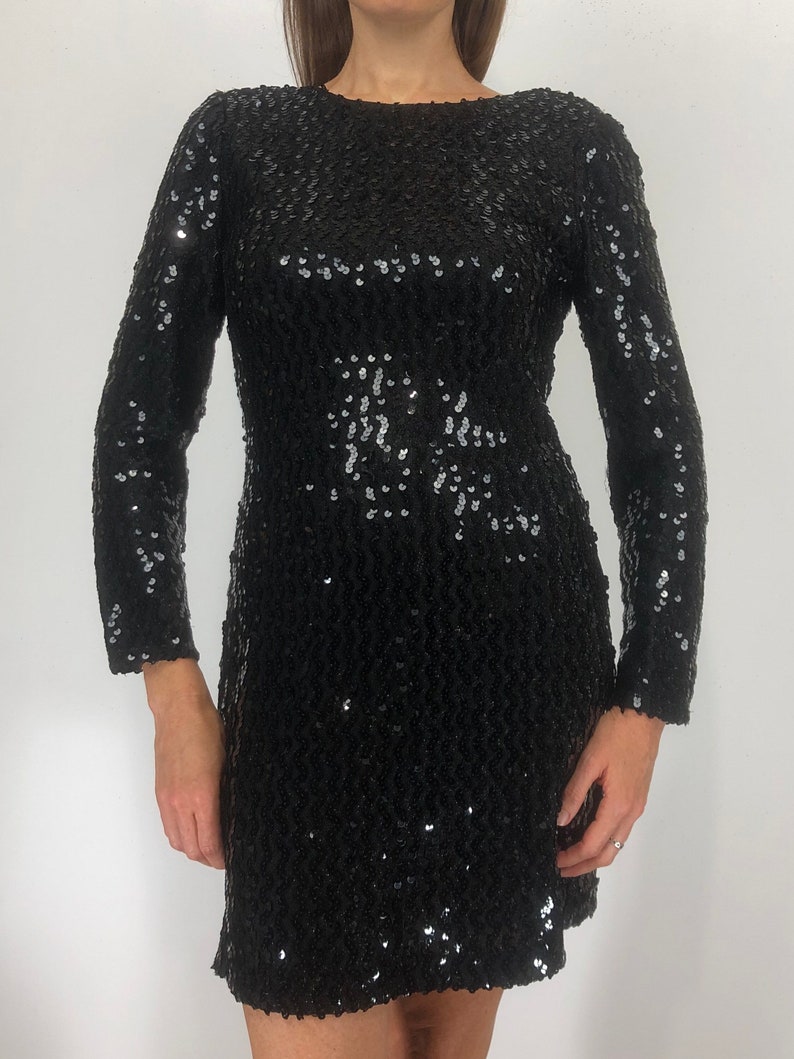 80s Sequined Low Back LBD Little Black Party Dress Long Sleeved image 3