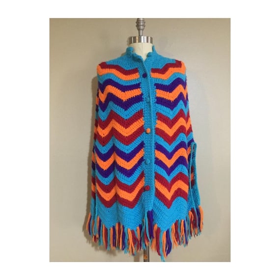 70s Crocheted Cape | Chevron Print | Knit Afghan