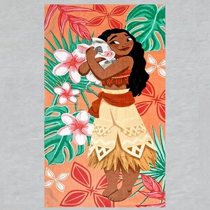 May include: Illustration of a woman in a traditional outfit holding a pig. The background features tropical flowers and foliage in shades of orange, red, green, and white. The woman has long black hair and is smiling.