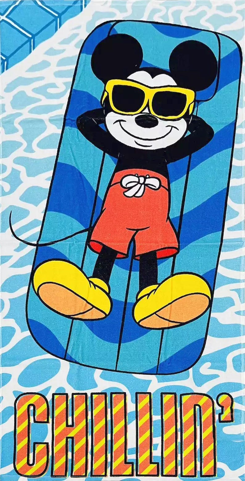 May include: Beach towel featuring Mickey Mouse wearing yellow sunglasses and red shorts, relaxing on a blue and white striped float. The word "CHILLIN'" is printed in large, colorful letters at the bottom. A fun, summery design.