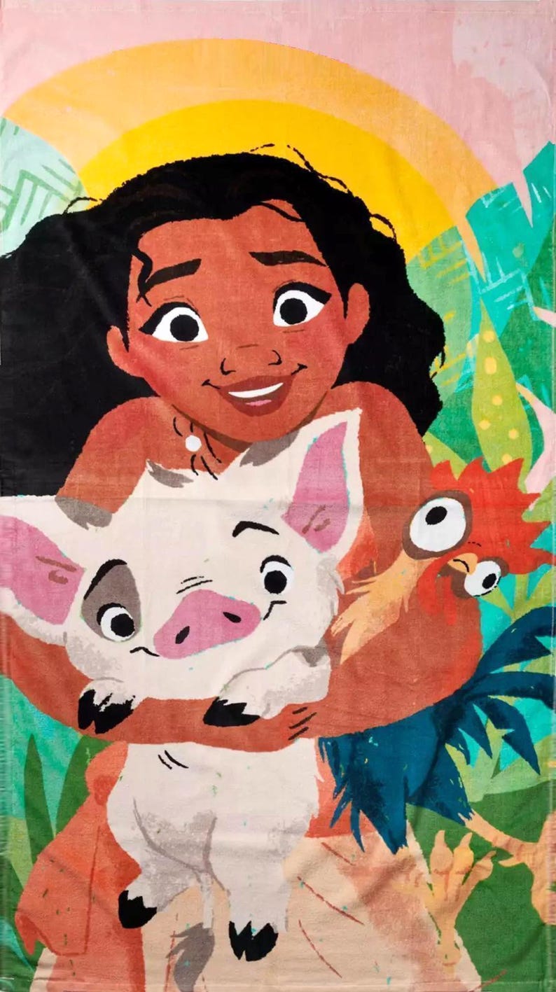 May include: A colorful beach towel featuring a cartoon illustration of a smiling woman holding a pig and a rooster. The background includes a yellow sun, green foliage, and a pink sky.