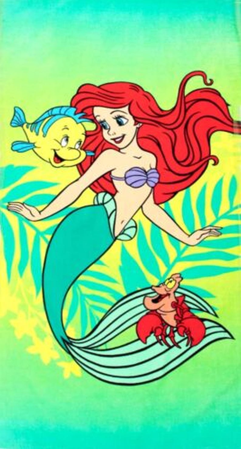 May include: A cartoon illustration of Ariel, the Little Mermaid, with red hair, a purple seashell bra, and a teal tail. Flounder the fish and Sebastian the crab are also featured. The background is a mix of yellow and green with tropical foliage.