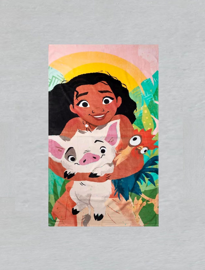May include: A rectangular beach towel featuring a cartoon illustration of a smiling woman holding a pig and a rooster. The background includes a rainbow, sun, and tropical foliage. The color palette is vibrant with pinks, blues, and greens.