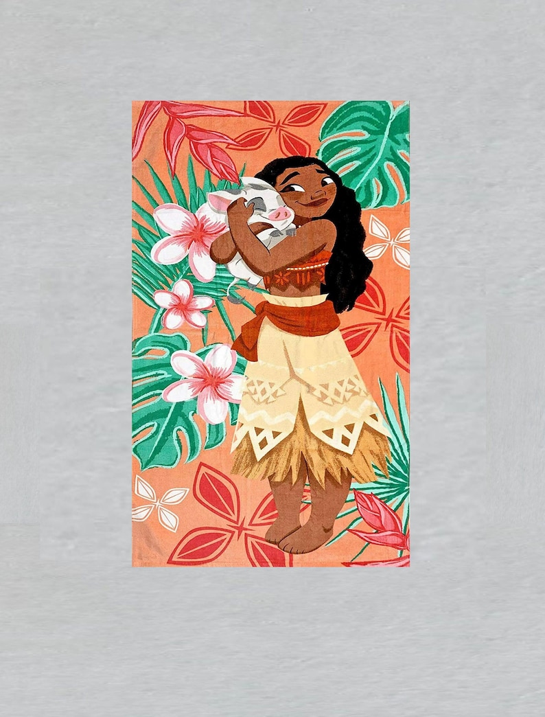 May include: Illustration of a woman in a traditional outfit holding a pig. The background features tropical flowers and foliage in shades of orange, red, green, and white. The woman has long black hair and is smiling.