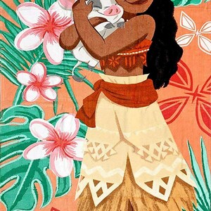 May include: Illustration of a woman in a traditional outfit, embracing a pig. The woman wears a red and tan top, a tan skirt with geometric patterns, and a brown sash. The background is orange with floral and leaf designs.