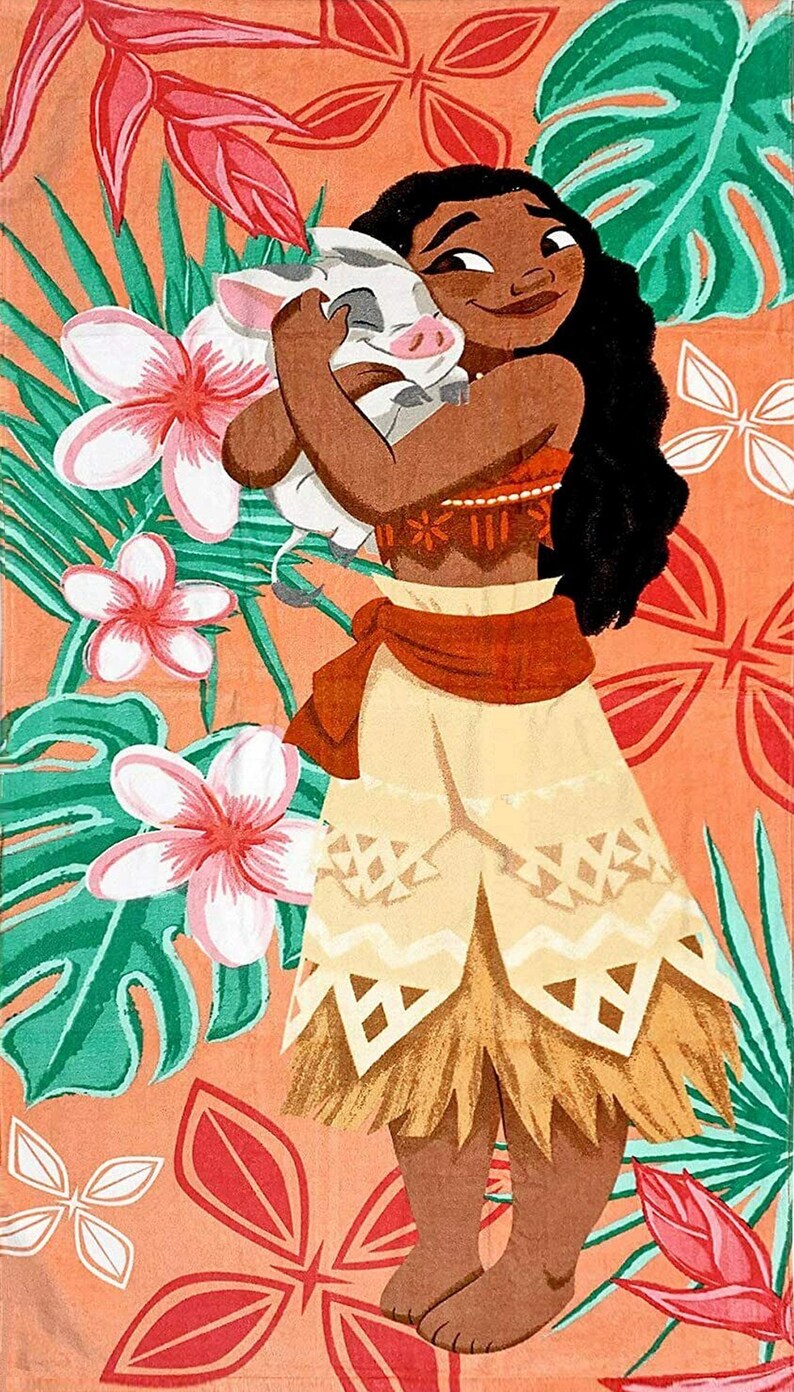May include: Illustration of a woman in a traditional outfit, embracing a pig. The woman wears a red and tan top, a tan skirt with geometric patterns, and a brown sash. The background is orange with floral and leaf designs.