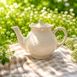 May include: A cream-colored ceramic teapot featuring an embossed fleur-de-lis pattern, a scalloped rim with a lattice design, a curved handle, and a matching lid with a small knob handle, resting on a beige and white checkered fabric surface.