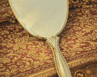 Vintage Silver-Plated Vanity Hand Mirror with Blue Floral Brocade Back, circa 1930s