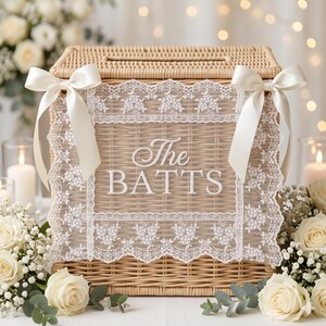 Personalized Lace Wedding Box Sign, Custom Embroidered Basket Sign, Last Name Keepsake Rectangular Box Decor, Wedding Card Box Decoration