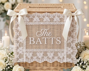 Personalized Lace Wedding Box Sign, Custom Embroidered Basket Sign, Last Name Keepsake Rectangular Box Decor, Wedding Card Box Decoration