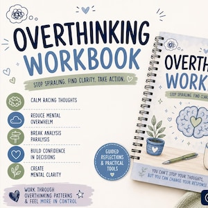 Può includere: Un quaderno di esercizi a spirale intitolato Overthinking Workbook con una copertina azzurra e bianca che presenta l'illustrazione di un cervello, una pianta in vaso e una tazza di caffè. Il testo recita Stop Spiraling. Find Clarity. Take Action.