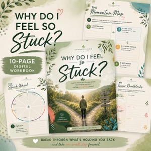 May include: A 10-page digital workbook titled Why Do I Feel So Stuck? featuring a cover with a person standing at a fork in a forest path. The set includes pages titled The Momentum Map, The Stuck Wheel, and My Inner Roadblocks with prompts.