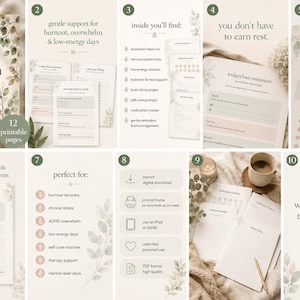 May include: A digital download of a "bare minimum day" journal with 12 printable pages. The journal offers gentle support for burnout, overwhelm, and low-energy days. The pages include prompts, trackers, and reminders. The journal is available in PDF format.