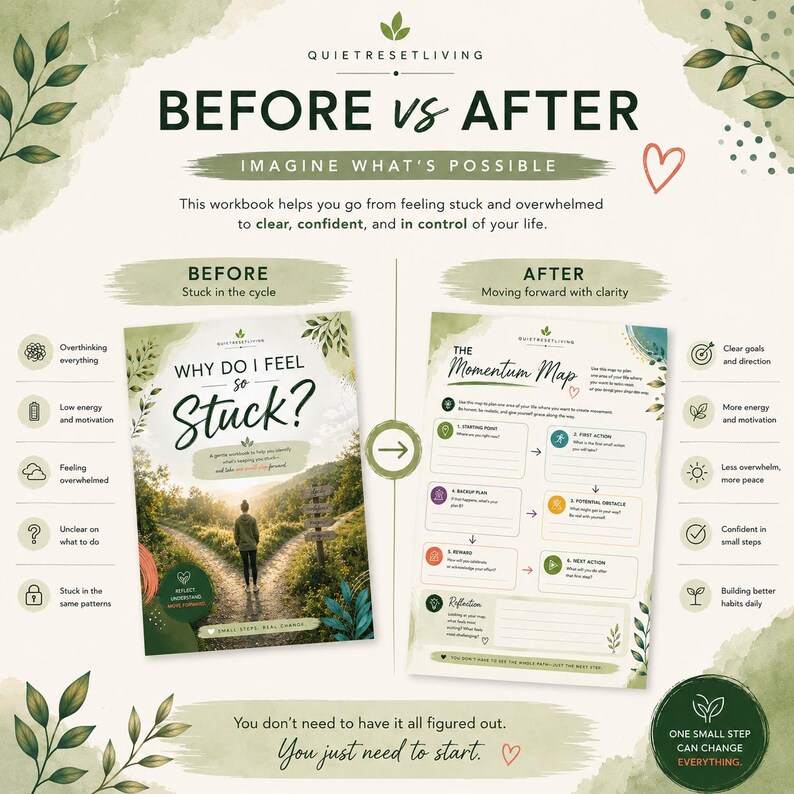 May include: A before and after comparison graphic for a workbook titled Why Do I Feel So Stuck? and The Momentum Map. The layout features text, icons, and nature-themed illustrations in green and cream, outlining steps to move from feeling stuck to clarity.