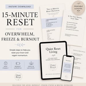 Może przedstawiać: Cyfrowe pobranie zatytułowane "15-Minute Reset" dla przeciążenia, zamrożenia i wypalenia zawodowego. Obraz zawiera tablet i smartfon wyświetlający logo i tekst "Quiet Reset Living". Dodatkowe strony szczegółowo opisują protokół resetowania.