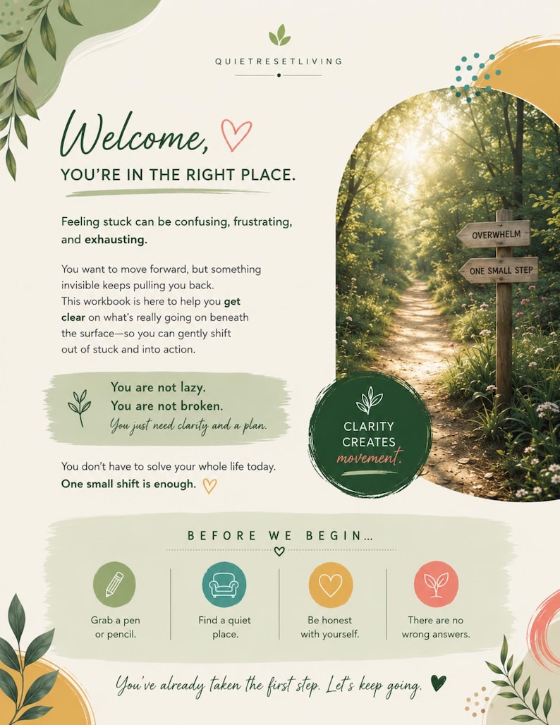 May include: A digital workbook page titled Welcome, You're in the Right Place by QuietResetLiving. It features text about overcoming feeling stuck, a forest path image with a signpost, and four icons for preparation: a pencil, chair, heart, and sprout.