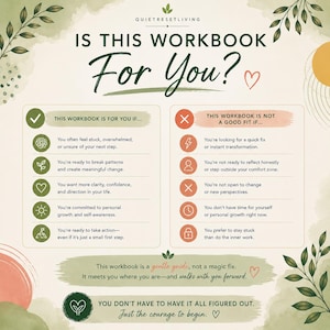 May include: A digital graphic titled IS THIS WORKBOOK For You? with a split layout. The left side lists criteria for a good fit with green checkmarks, while the right side lists criteria for a poor fit with orange X marks, all on a cream background.