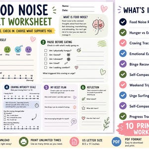 May include: A Food Noise Reset Worksheet set featuring ten printable pages in US letter size, 8.5 x 11 inches. The worksheets include sections for checking in with emotions, hunger levels, craving intensity scales, reset plans, and reflection prompts.