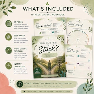 May include: A 10-page digital workbook titled Why Do I Feel So Stuck? featuring a cover with a person standing at a fork in a path. The set includes pages for The Stuck Wheel and Design a Life That Feels Like You, with green leaf accents.