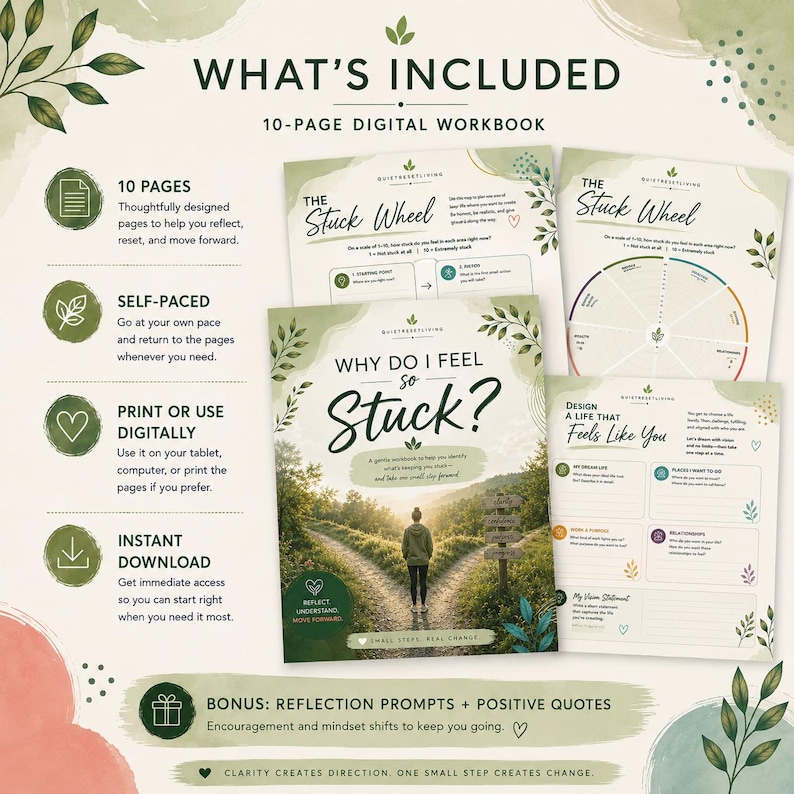 May include: A 10-page digital workbook titled Why Do I Feel So Stuck? featuring a cover with a person standing at a fork in a path. The set includes pages for The Stuck Wheel and Design a Life That Feels Like You, with green leaf accents.