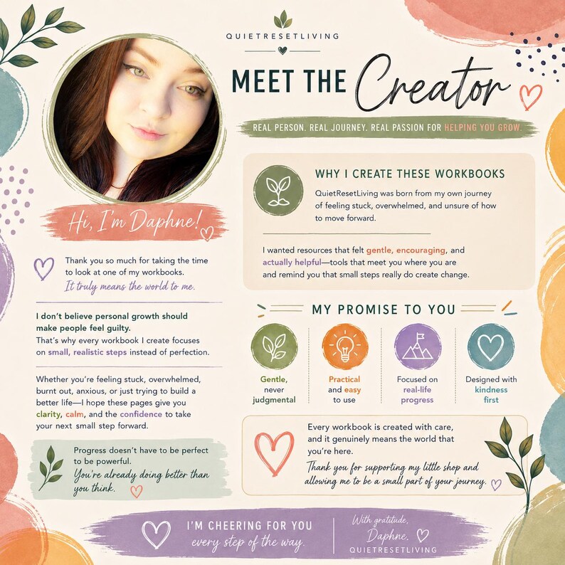 May include: An informational graphic titled Meet the Creator featuring a circular portrait of Daphne, text about QuietResetLiving workbooks, and sections titled Why I Create These Workbooks and My Promise to You, decorated with watercolor accents.