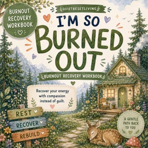 May include: A burnout recovery workbook titled I'm So Burned Out with a forest scene featuring a cottage, a sleeping fawn, and a signpost reading Rest, Recover, Rebuild. The cover includes the text Recover your energy with compassion instead of guilt.