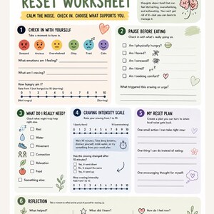 May include: A Food Noise Reset Worksheet with sections for checking in, pausing before eating, identifying needs, rating craving intensity, creating a reset plan, and reflection. The document features numbered steps, checkboxes, and scales.