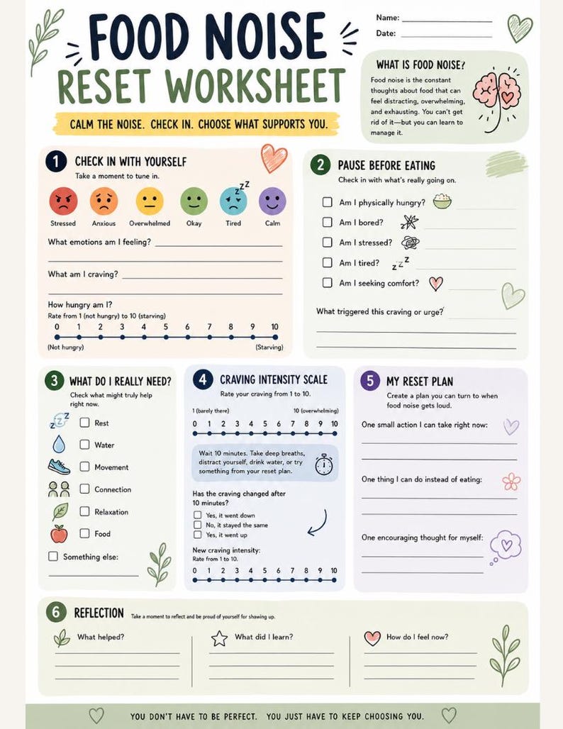 May include: A Food Noise Reset Worksheet with sections for checking in, pausing before eating, identifying needs, rating craving intensity, creating a reset plan, and reflection. The document features numbered steps, checkboxes, and scales.