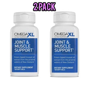 Pode incluir: Duas garrafas brancas de suplemento com rótulos azuis. Os rótulos dizem "OMEGA XL Joint & Muscle Support" e "Suplemento dietético 120 cápsulas moles". O texto "2 PACK" está em rosa acima das garrafas. Contêm extrato de óleo de mexilhão de lábio verde.