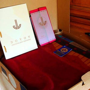 May include: A cardboard box containing a white booklet with the text DOYON OUR FOUNDATION OUR PEOPLE, a smaller pink and white booklet, a blue tag with a circular logo, and a folded deep red textile with a patterned border in a box.