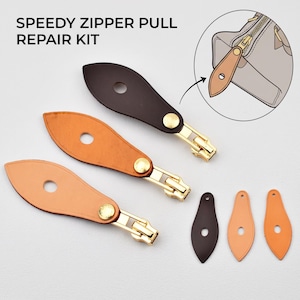 May include: A Speedy Zipper Pull Repair Kit featuring three teardrop-shaped leather tabs in dark brown, tan, and light beige, each attached to a gold-tone metal zipper slider. Three additional matching leather tabs are included separately.