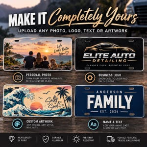 May include: Four rectangular custom license plates featuring diverse designs: a sunset beach photo with the text 'Life Looks Better Here', a black Elite Auto Detailing logo, a tropical wave illustration with 'Salty Soul', and a blue 'Anderson Family Est. 2024' sign.