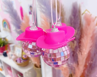 Pink Cowgirl Hat Disco Ball Charm/ Rear View Mirror Decoration/ Let’s Go Girls/ Bachelorette Necklaces/ Cowgirl Bridal Party/ Last Disco