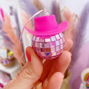 Pink Cowgirl Hat Disco Ball Charm/ Rear View Mirror Decoration/ Lets Go Girls/ Bachelorette Necklaces/ Cowgirl Bridal Party/ Last Disco image 3