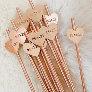 Custom Wedding Straws with Date Heart Flags, Set of 12