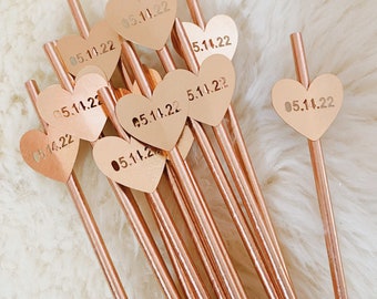Custom Wedding Straws with Date Heart Flags, Set of 12