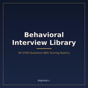 May include: A dark blue square graphic featuring the white text Behavioral Interview Library, followed by a horizontal gold line and the text 60 STAR Questions With Scoring Rubrics, with the brand name DigitalA.I. at the bottom center.