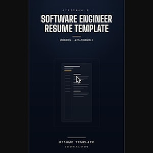 May include: A dark blue digital resume template for software engineers featuring white text that reads SOFTWARE ENGINEER RESUME TEMPLATE, MODERN ATS-FRIENDLY, and RESUME TEMPLATE. A cursor icon points to a central document preview area.
