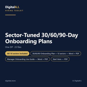 Può includere: Un set di documenti digitali blu scuro intitolato DigitalA.I. Hiring Toolkit, contenente piani di inserimento settoriali di 30/60/90 giorni. Il testo indica un file ZIP con 23 documenti, inclusi 10 settori in Word e PDF, una guida per manager e un PDF di avvio.