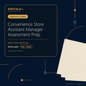 Könnte beinhalten: Eine dunkelblaue digitale Kursgrafik mit dem Titel Convenience Store Assistant Manager Assessment Prep. Sie enthält einen schriftlichen Leitfaden in PDF- und DOCX-Formaten mit goldenen Akzenten, geometrischen Linien und cremefarbenen Papier-Icons.