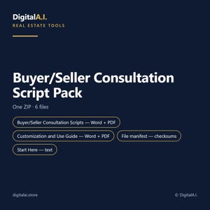May include: A dark blue digital product graphic titled Buyer/Seller Consultation Script Pack by DigitalA.I. Real Estate Tools. It lists one ZIP file containing six documents: consultation scripts, a guide, a manifest, and a start here text file.